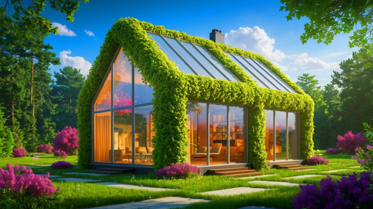 Illustration de maisons vivantes auto-réparables grâce à des matériaux innovants en mycélium et bactéries (création par IA, illustration non réaliste). Crédit : Ideogram.