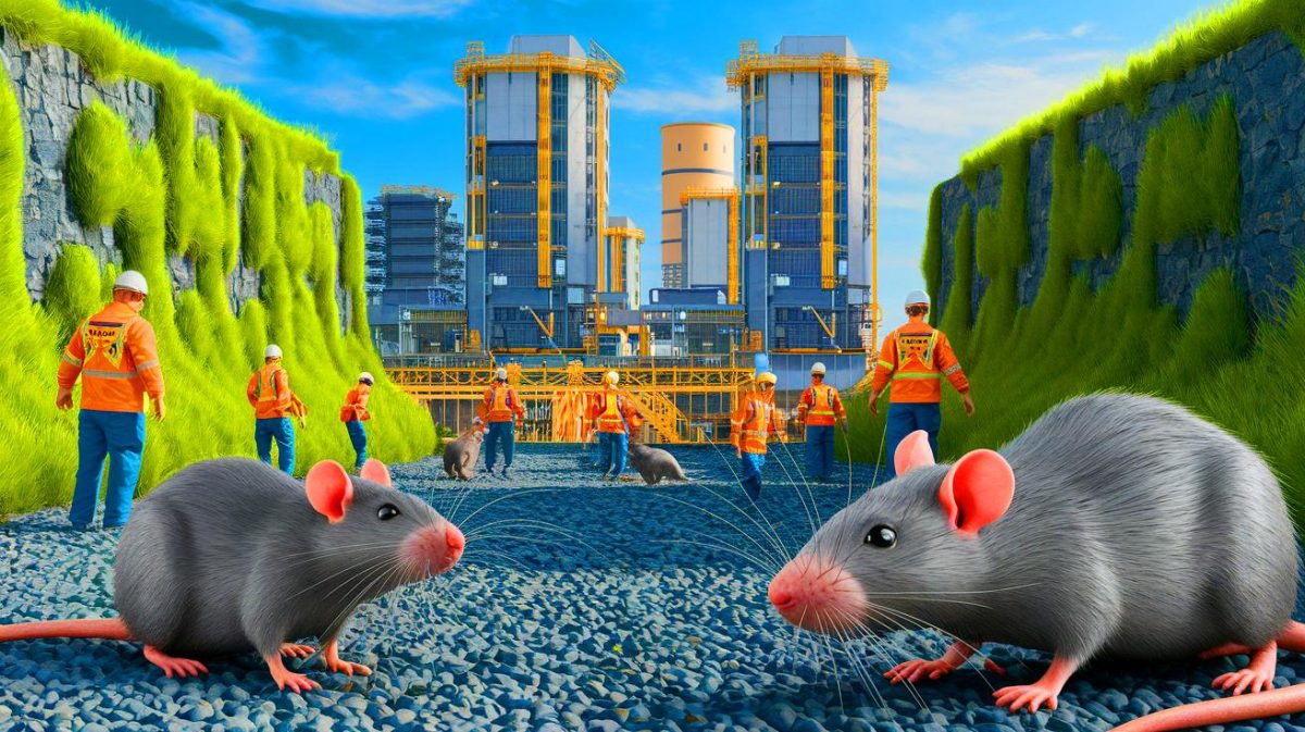 Illustration de l'invasion de rongeurs sur le site de construction de la centrale nucléaire Hinkley Point C (création par IA, illustration non réaliste). Crédit : Ideogram.