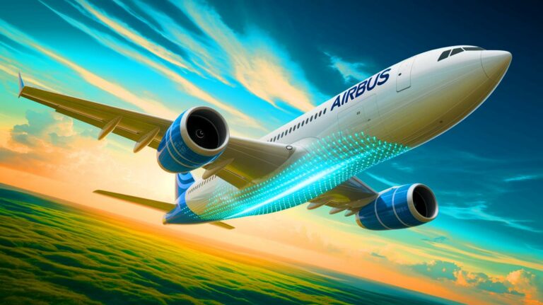 Illustration de l'avenir de l'aviation à hydrogène avec un avion ZEROe d'Airbus (création par IA, illustration non réaliste). Crédit : Ideogram.