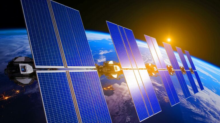 Illustration de l'exploitation de l'énergie solaire depuis l'espace par des satellites (création par IA, illustration non réaliste). Crédit : Ideogram.