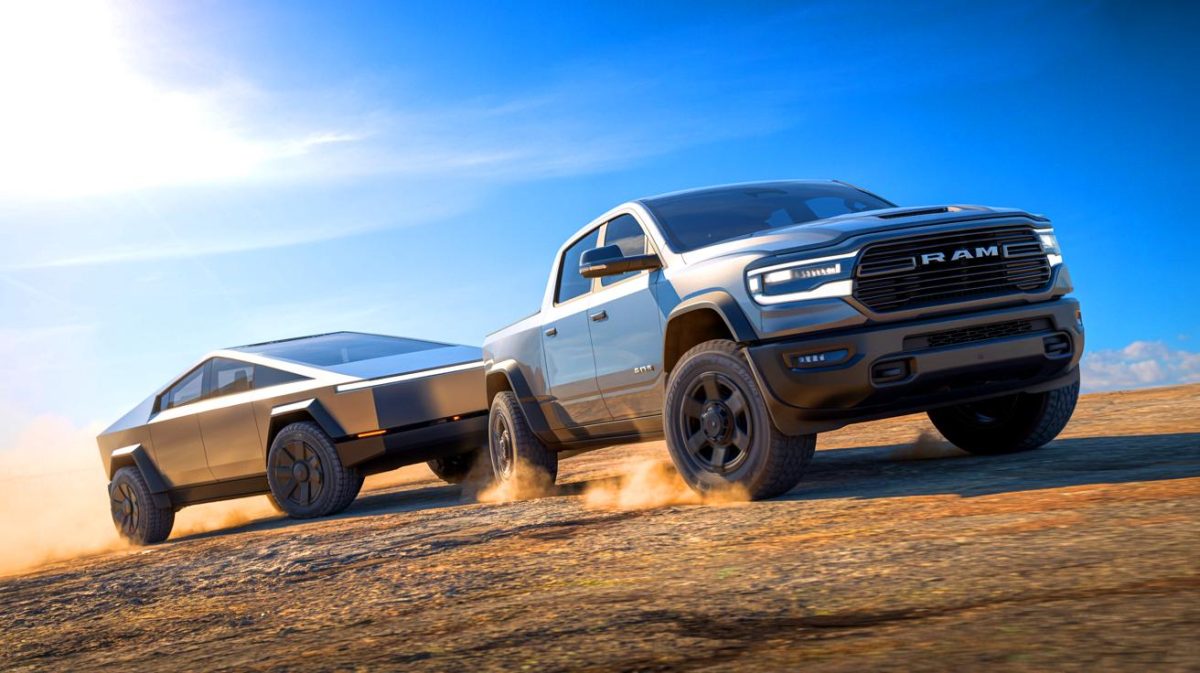 Illustration de la confrontation spectaculaire entre le Tesla Cybertruck et le Ram 3500 lors d'un duel de tir à la corde. Image réalisée par IA.