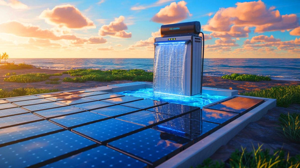 Illustration de la technologie de purification d'eau solaire innovante développée par l'Université Rice. Image réalisée par IA.