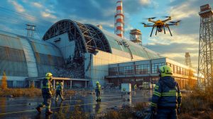 Illustration de l'attaque de drone sur le site de Tchernobyl en 2025, montrant les dégâts sur la structure de confinement (création par IA, non réaliste). Crédit : Ideogram