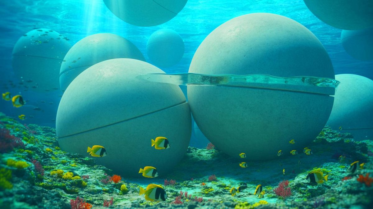 Illustration de sphères de béton sous-marines pour le stockage d'énergie solaire. Image réalisée par IA.