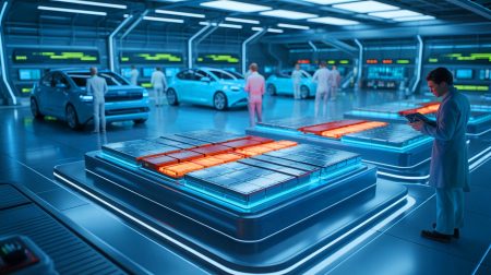 Illustration de batteries à l'état solide avec des cathodes riches en nickel pour véhicules électriques. Image réalisée par IA.