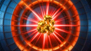 Illustration de la transformation du plomb en or lors de collisions au CERN. Image réalisée par IA.