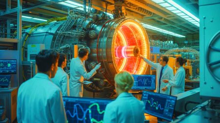 « C’est une première mondiale » : un isotope ultra-lourd de l’hydrogène créé grâce à des faisceaux d’électrons Illustration de la production de l'isotope d'hydrogène ⁶H par faisceau d'électrons (création par IA, illustration non réaliste). Crédit : Ideogram.
