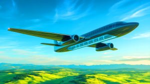 Illustration de la course à l'aviation à hydrogène avec des avions futuristes. Image réalisée par IA.