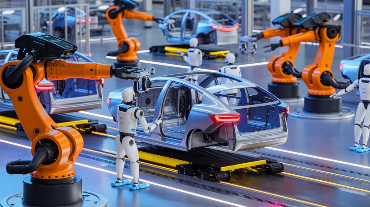 Hyundai déclenche une offensive massive : 21 milliards d’euros pour des robots Atlas qui vont assembler les voitures aux États-Unis Illustration de l’intégration des robots humanoïdes Atlas dans l’usine Hyundai en Géorgie. Image réalisée par IA.