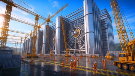 Illustration de la construction secrète d'un gigantesque centre de fusion nucléaire en Chine. Image réalisée par IA.