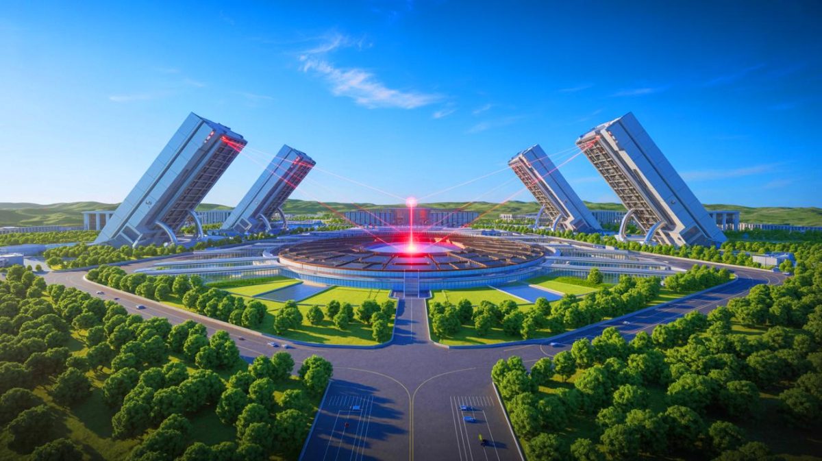 Illustration de la construction du plus grand laboratoire de fusion laser en Chine (création par IA, non réaliste). Crédit : Ideogram