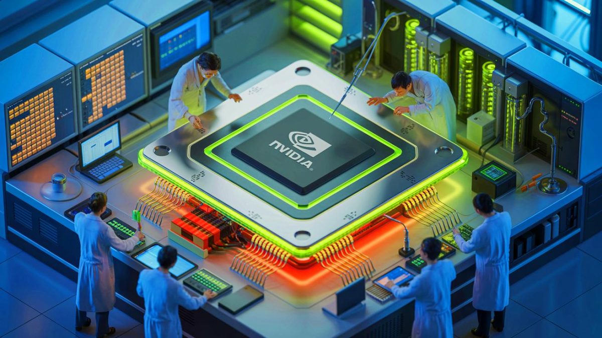 Illustration de la version réduite du processeur H20 de NVIDIA pour le marché chinois. Image réalisée par IA.