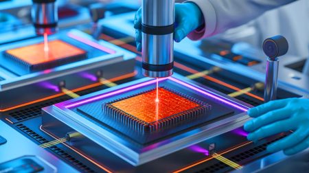Illustration de la création du transistor le plus rapide au monde utilisant graphène et laser. Image réalisée par IA.
