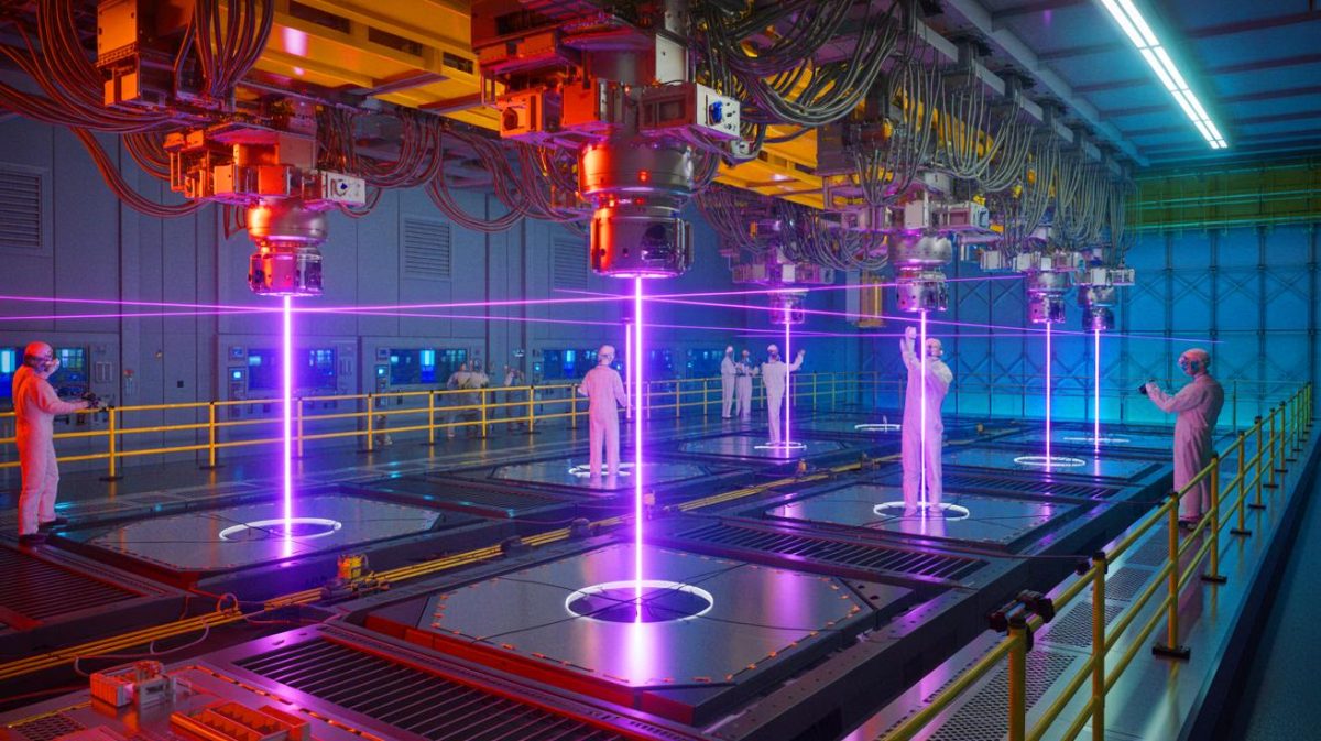 Illustration de la production d'énergie par fusion nucléaire à la National Ignition Facility. Image réalisée par IA.