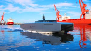 Illustration de e-Crea, le premier navire de travail 100 % électrique de NYK Line, naviguant sans émission de carbone. Image réalisée par IA.