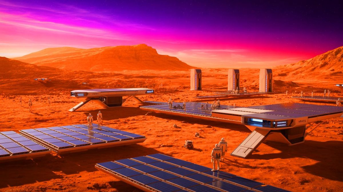 Illustration de la colonisation de Mars proposée par Elon Musk comme solution à la destruction de la Terre par le Soleil. Image réalisée par IA.