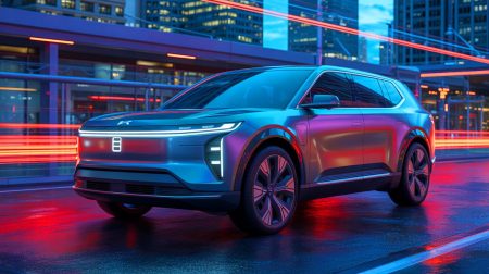 Illustration de la Smart #5, SUV électrique révolutionnaire de Smart, mettant en avant son design avant-gardiste et ses innovations technologiques (création par IA, non réaliste). Crédit : Ideogram