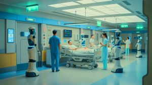 Illustration de l'intégration de robots infirmiers et technologies IA dans un hôpital taïwanais moderne. Image réalisée par IA.