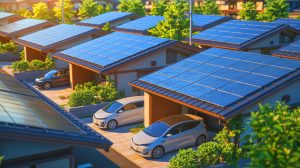 Illustration de maisons japonaises équipées de panneaux solaires et de véhicules électriques. Image réalisée par IA.