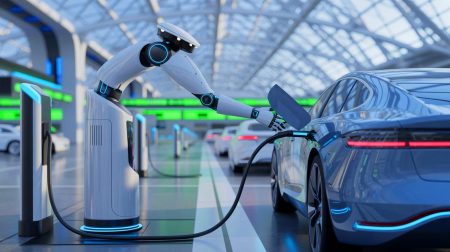 Illustration de l'installation du robot de recharge automatique à l'aéroport d'Incheon. Image réalisée par IA.