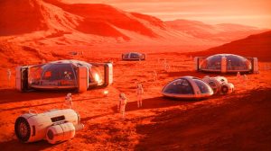 Illustration de la vision d'Elon Musk concernant la colonisation de Mars pour la survie de l'humanité. Image réalisée par IA.