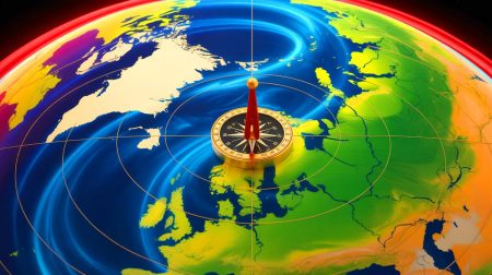 Illustration de la dérive du pôle nord magnétique vers la Sibérie et son impact sur les systèmes de navigation. Image réalisée par IA.