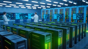 Illustration de l'intégration des technologies NVIDIA dans le supercalculateur ABCI-Q pour la recherche quantique. Image réalisée par IA.