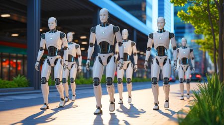 Illustration de robots humanoïdes Figure 02 marchant comme des humains grâce à l'intelligence artificielle. Image réalisée par IA.