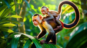 Illustration de capucins à face blanche transportant des bébés singes hurleurs sur l'île de Jicarón. Image réalisée par IA.