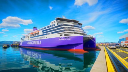 Illustration de la mise à l'eau du China Zorrilla, le plus grand ferry électrique au monde (création par IA, illustration non réaliste). Crédit : Ideogram.