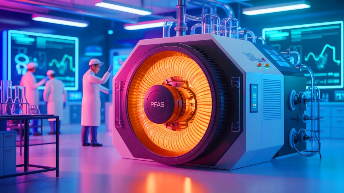 Illustration de la transformation des produits chimiques éternels en ressources précieuses grâce à une technologie innovante (création par IA, illustration non réaliste). Crédit : Ideogram.