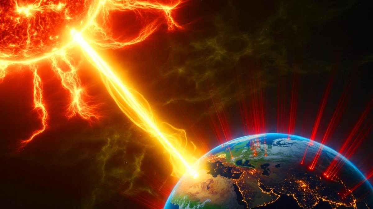 Illustration de l'activité solaire intense perturbant les communications radio à travers plusieurs continents. Image réalisée par IA.