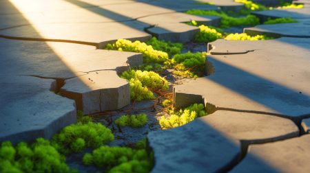 Illustration de la surface d'un béton auto-réparant avec des patches de lichen et de mousse. Image réalisée par IA.