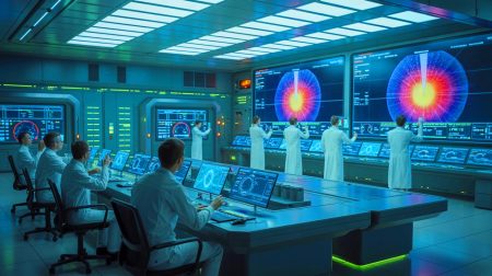 « On a divisé les calculs par mille » : l’analyse des réacteurs à fusion accélérée quinze fois en un seul bond Illustration de la prédiction accélérée des collisions de particules dans les réacteurs à fusion grâce à un algorithme innovant. Image réalisée par IA.