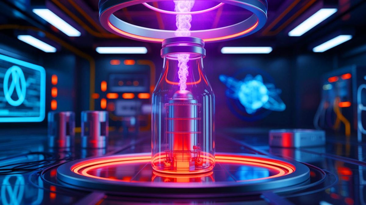 Illustration de la conception d'un réacteur à fusion en forme de bouteille par Realta Fusion. Image réalisée par IA.