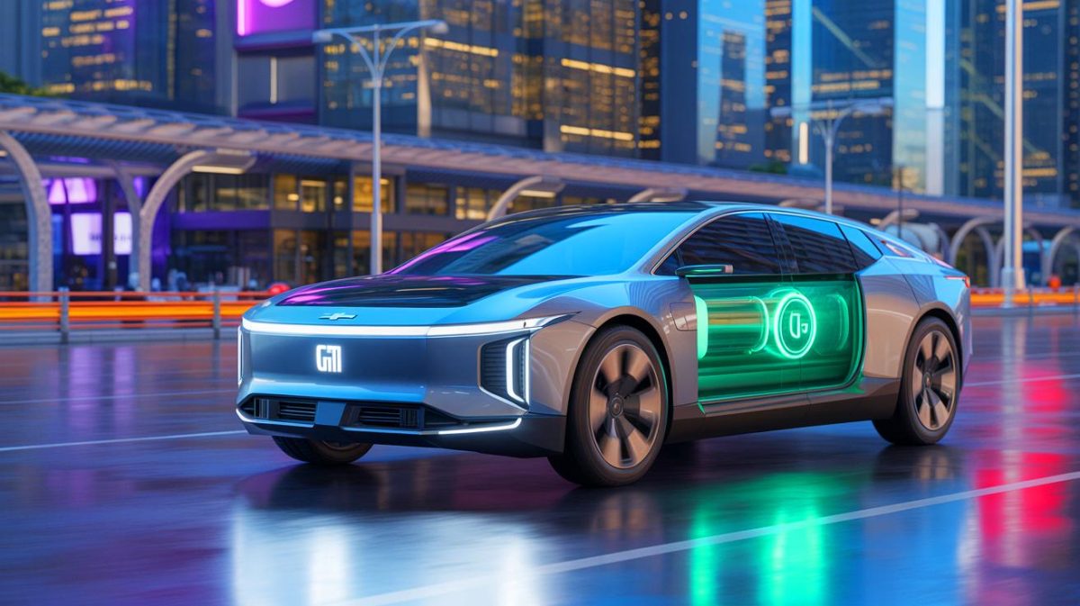 Illustration de la nouvelle batterie au lithium riche en manganèse développée par GM et LG pour améliorer l'autonomie des véhicules électriques. Image réalisée par IA.