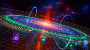 Illustration de la connexion entre la relativité d'Einstein, la mécanique quantique et l'entropie. Image réalisée par IA.