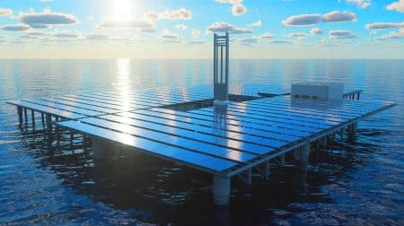 « Ce soleil sauve la mer » : une plateforme offshore adopte le solaire et réduit ses émissions de CO₂ de 90 % d’un coup Illustration de la plateforme offshore en Angola entièrement alimentée par énergie solaire. Image réalisée par IA.