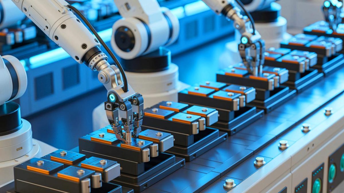 Illustration de bras robotiques assemblant des unités de batteries au zinc-air de nouvelle génération. Image réalisée par IA.