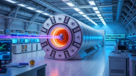 Illustration de l'accélérateur de particules innovant réduisant la consommation d'énergie et augmentant la luminosité des faisceaux. Image réalisée par IA.