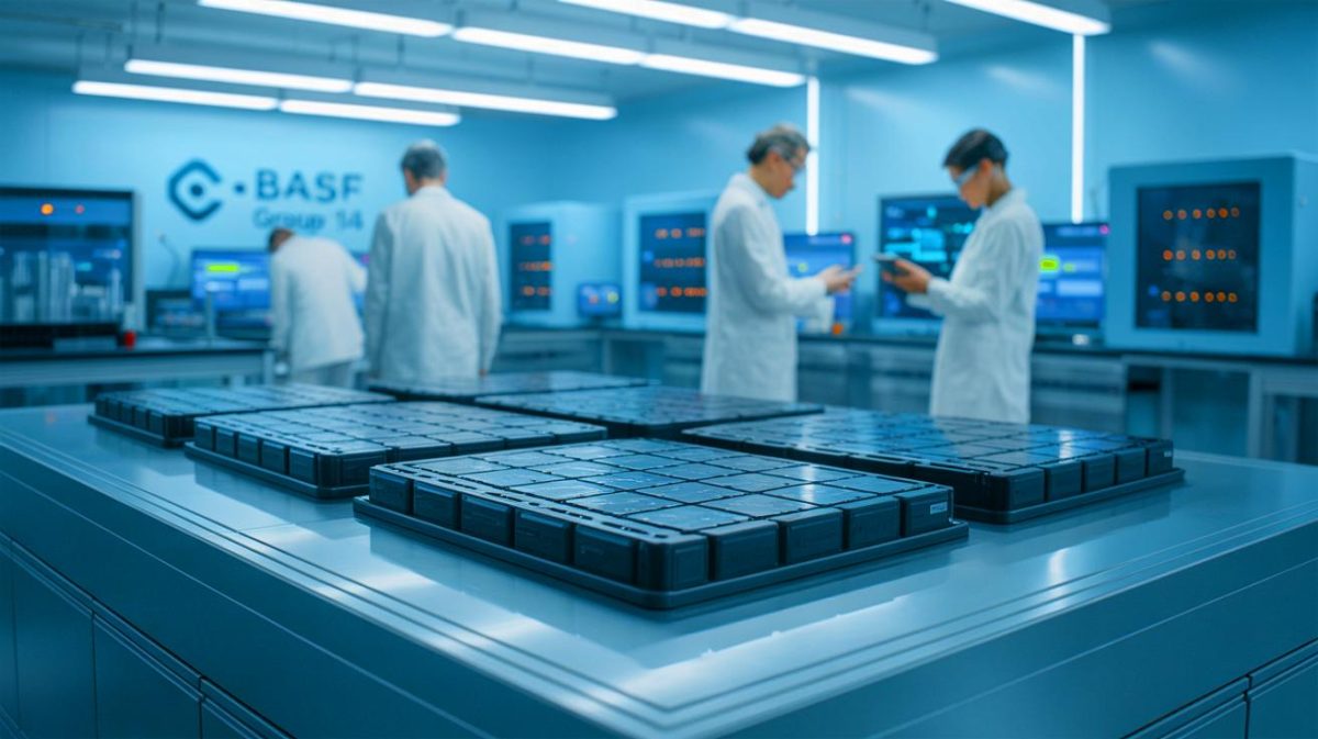 Illustration de batteries au silicium à haute performance développées par BASF et Group14. Image réalisée par IA.