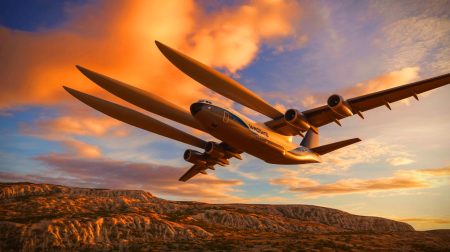 Illustration de l'avion cargo WindRunner transportant des éoliennes géantes. Image réalisée par IA.