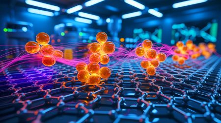 Illustration de la simulation en temps réel du mouvement de milliers d'électrons dans des matériaux. Image réalisée par IA.