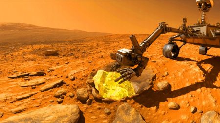 « Ce qu’ils ont trouvé dedans dépasse l’imagination » : Curiosity fracture une roche martienne et fait une découverte majeure Illustration de la découverte de cristaux de soufre sur Mars par le rover Curiosity (création par IA, illustration non réaliste). Crédit : Ideogram.