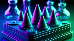 Illustration de la nouvelle technologie de batteries utilisant des cônes et disques de carbone (création par IA, illustration non réaliste). Crédit : Ideogram.