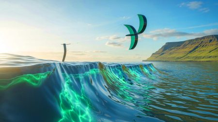 Illustration de l'exploitation de l'énergie des marées par le cerf-volant Luna 12 dans les îles Féroé (création par IA, illustration non réaliste). Crédit : Ideogram.