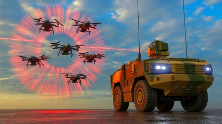 Illustration de l'armée britannique utilisant une arme à énergie dirigée pour neutraliser des essaims de drones. Image réalisée par IA.