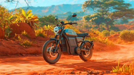 Illustration de la moto électrique Emara adaptée aux routes africaines. Image réalisée par IA.