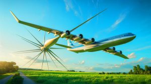 Illustration de l'avion cargo WindRunner transportant des éoliennes géantes. Image réalisée par IA.