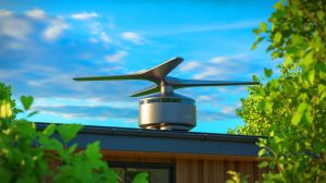 Illustration de la turbine PowerPod captant le vent dans toutes les directions pour fournir de l'énergie verte. Image réalisée par IA.